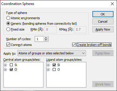 Coordination Spheres dialog with broken-off bonds option activated