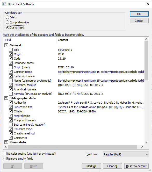 Data Sheet Settings dialog with option Customized configuration selected
