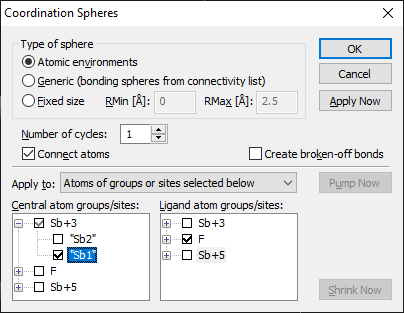 Coordination Spheres dialog with individual site as central atom