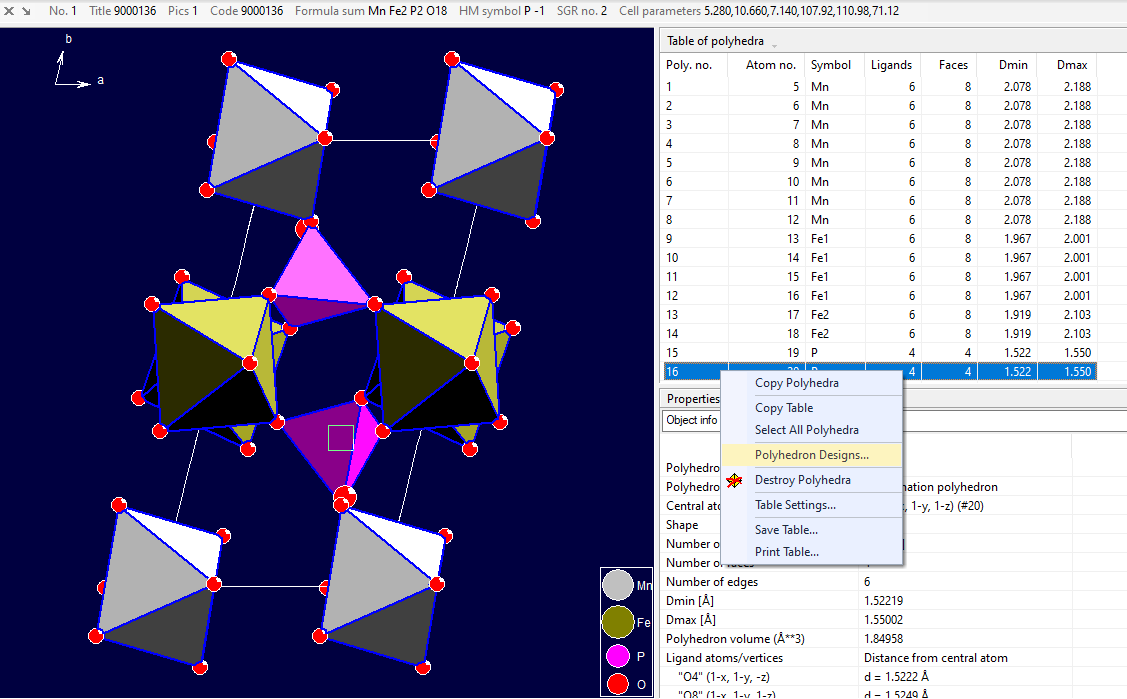 Table of polyhedra with context menu