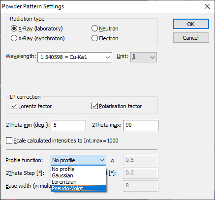 Powder Pattern Settings dialog with profile option list opened