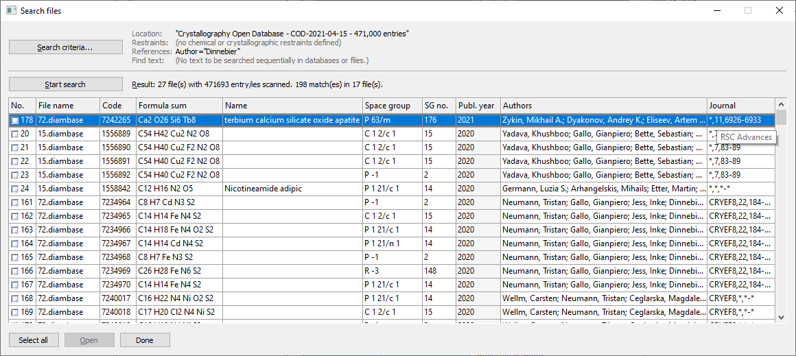 Screenshot of 'Search files' dialog with result of searching for author='Dinnebier' in COD version of April 15, 2021, containing 471,000 entries