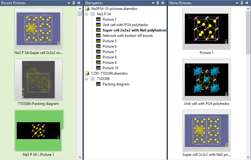 Screenshot of Navigation, More Pictures, Recent Pictures docking windows