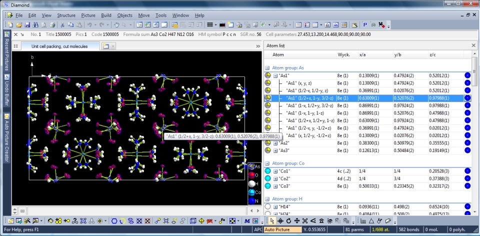 Screenshot of Diamond with atom list arranged by atom groups and sites