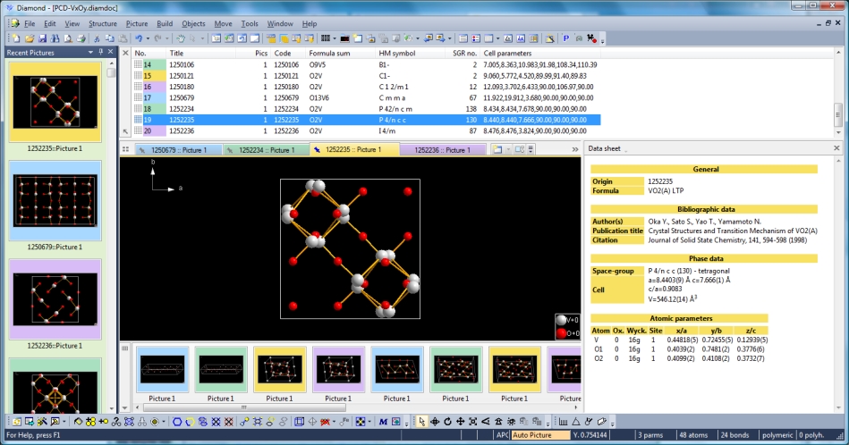 Screenshot of Diamond with binary V-O compounds from Pearson's Crystal Data and color coding activated and Recent Pictures window docked