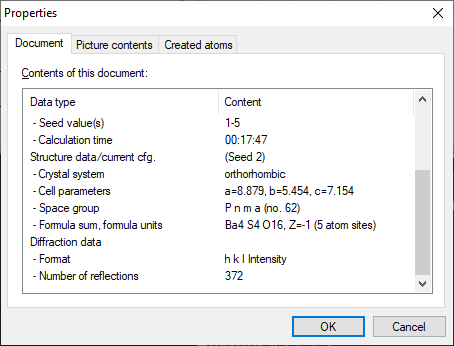 Screenshot of File/Properties dialog after calculation of 5 configurations with BaSO4 example from tutorial